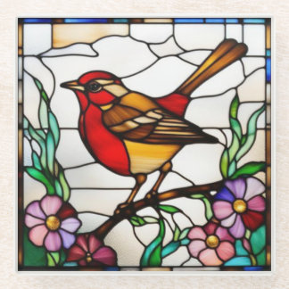 Bright Robin in Stained Glass Coaster