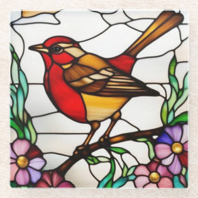 Bright Robin in Stained Glass Coaster (Front)