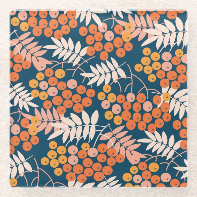 Bright Rowanberry Autumn Seamless Design Glass Coaster (Front)