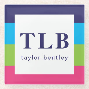 Bright Rugby Stripes Monogrammed Glass Coasters