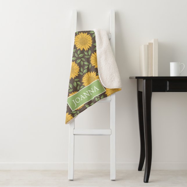 Bright Rustic Country Sunflowers Personalised Sherpa Blanket (In Situ)