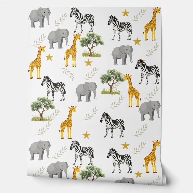 Bright Safari Nursery Wallpaper – Giraffes, Zebras (Unrolling)