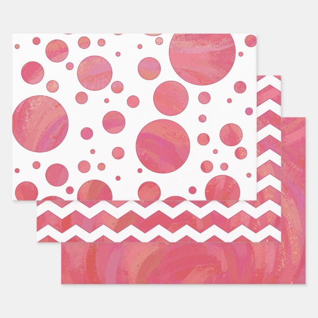 Bright Salmon Pink Colour Coordinated Patterns Wrapping Paper Sheet (Set)