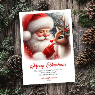 Bright Santa And Rudolph Merry Christmas Greeting Holiday Card