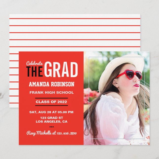 Bright Scarlet Red and White Graduation Party Invitation (Front/Back)