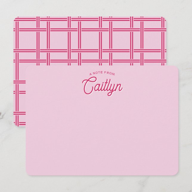 Bright Script Pink Basket Weave Personalised Flat Card (Front/Back)