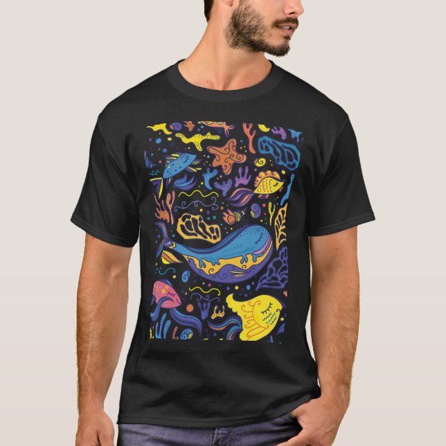 Bright Sea Pattern - Sea Doodle drawing T-Shirt (Front)