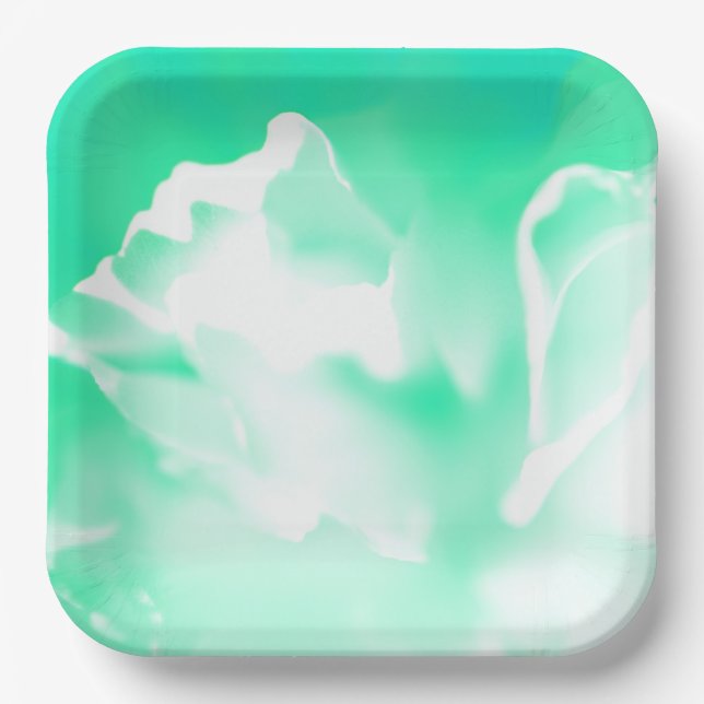 Bright Seafoam Green Flower Print Paper Plate (Front)