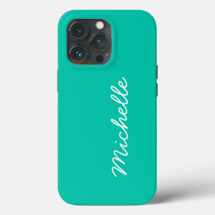 Bright Seafoam Green & White Custom Name or Text iPhone 13 Pro Case