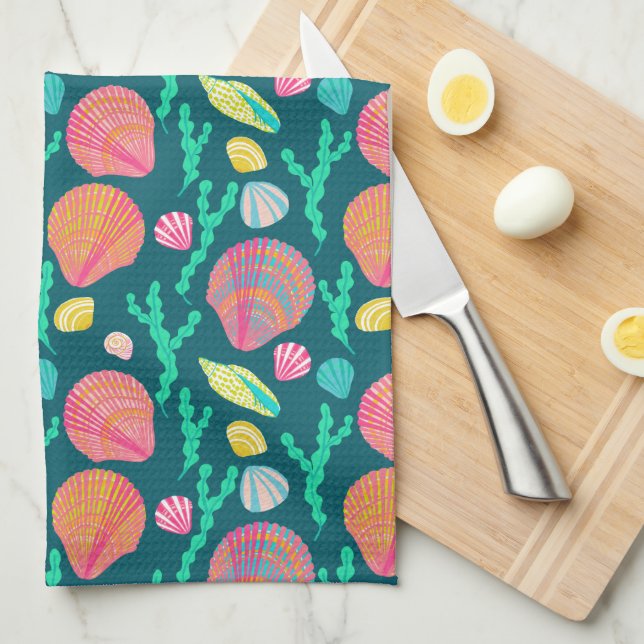 Bright Seashells and Seaweed Pattern Tea Towel (Quarter Fold)