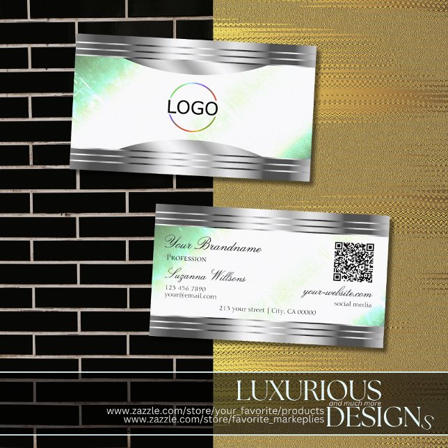 Bright Shimmery Mint Silver Borders Logo QR Code Business Card (Creator Uploaded)
