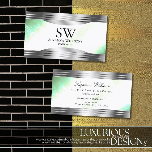Bright Shimmery Mint with Silver Borders Monogram Business Card (Creator Uploaded)