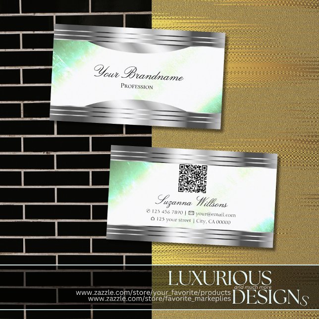 Bright Shimmery Mint with Silver Borders QR Code Business Card (Creator Uploaded)