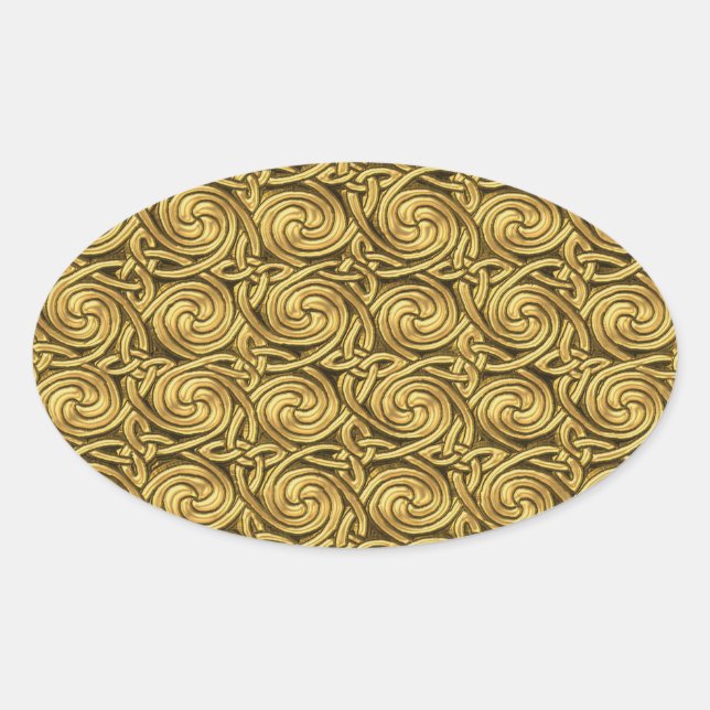 Bright Shiny Golden Celtic Spiral Knots Pattern Oval Sticker (Front)