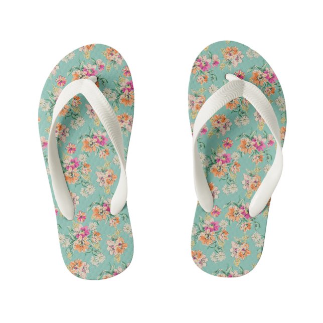 Bright Sketch Floral Pattern Kid's Flip Flops (Footbed)