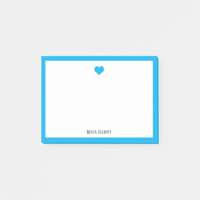 Bright Sky Blue Heart & Border on White w/ Name Post-it Notes (Front)