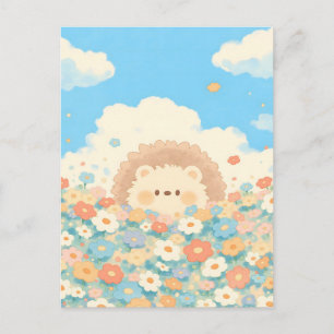 Bright Sky Blue Kawaii Hedgehog Meadow Postcard