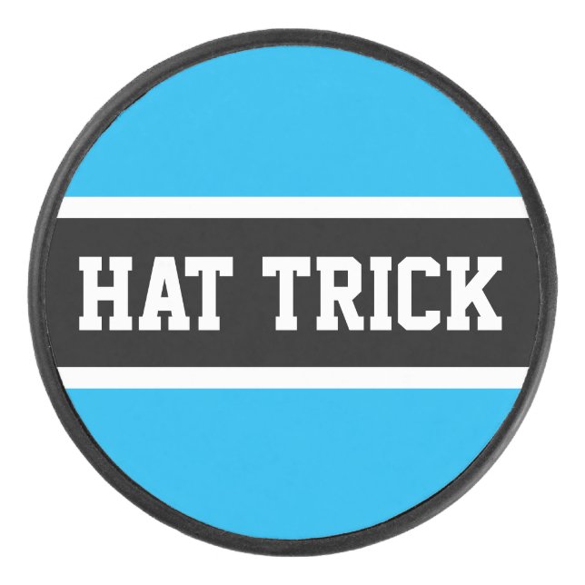 Bright Sky Blue White Black Triple Goal HAT TRICK Hockey Puck (Front)