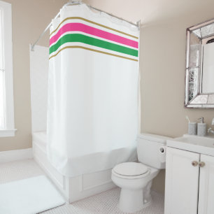 Bright Slim Pink Green Top Racing Stripes On White Shower Curtain