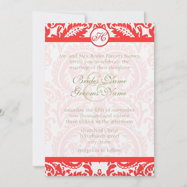 Bright Snap Dragon Coral Damask Gray Font Wedding Invitation (Front)
