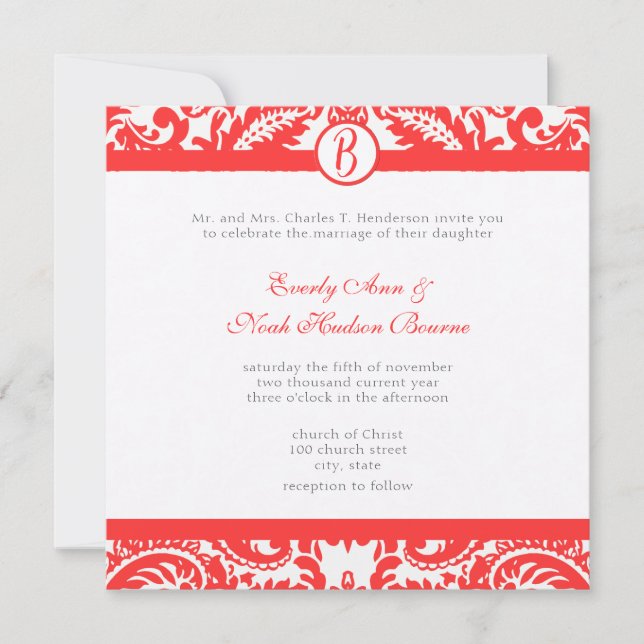 Bright Snap Dragon Coral Damask Grey Font Wedding Invitation (Front)
