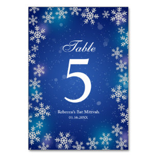 Bright Snowflakes Blue Winter Bat Mitzvah Table Number