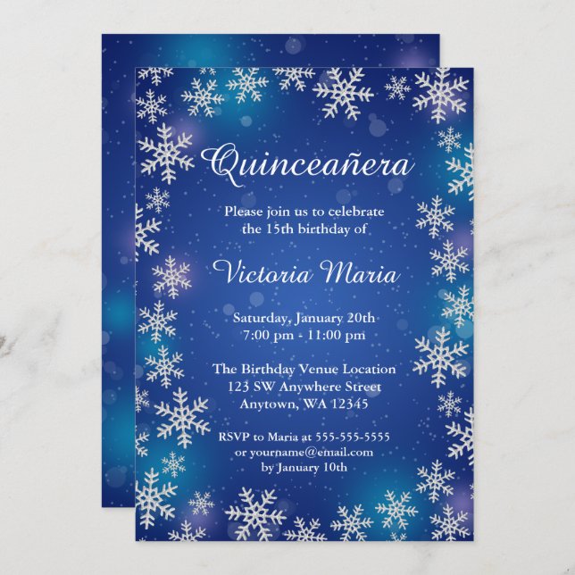 Bright Snowflakes Blue Winter Quinceanera Invites (Front/Back)