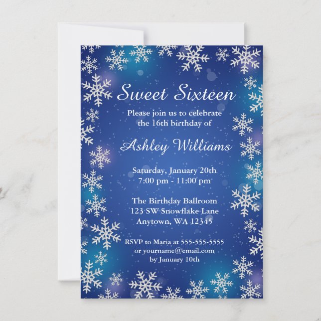 Bright Snowflakes Blue Winter Wonderland Sweet 16 Invitation (Front)
