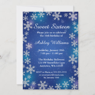 Bright Snowflakes Blue Winter Wonderland Sweet 16 Invitation