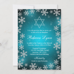 Bright Snowflakes Teal Blue Winter Bat Mitzvah Invitation