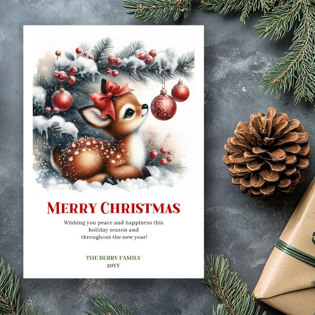 Bright Snowy Forest Fawn Watercolor Christmas Card (Bright Snowy Forest Fawn Watercolor Christmas Card)