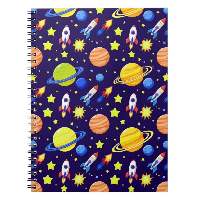 Bright Space Adventure Rockets Planets Stars Notebook (Front)
