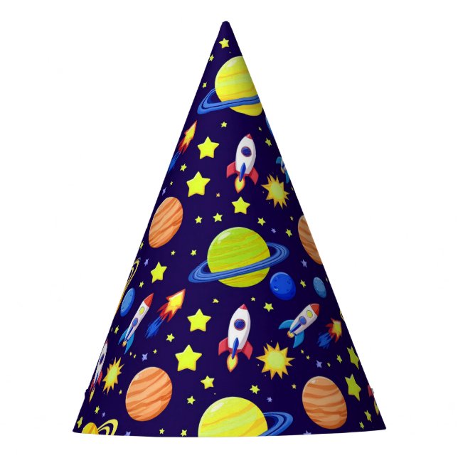 Bright Space Adventure Rockets Planets Stars Party Hat (Front)