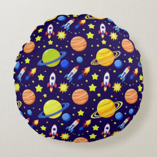Bright Space Adventure Rockets Planets Stars Round Cushion