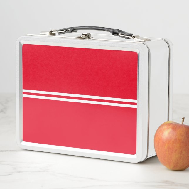 Bright Sporty Red Horizontal White Racing Stripes Metal Lunch Box (In Situ)