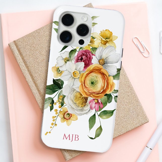 Bright Spring Floral Bouquet with Monogram Case-Mate iPhone Case (Personalize this floral iPhone case with your monogram initials.)