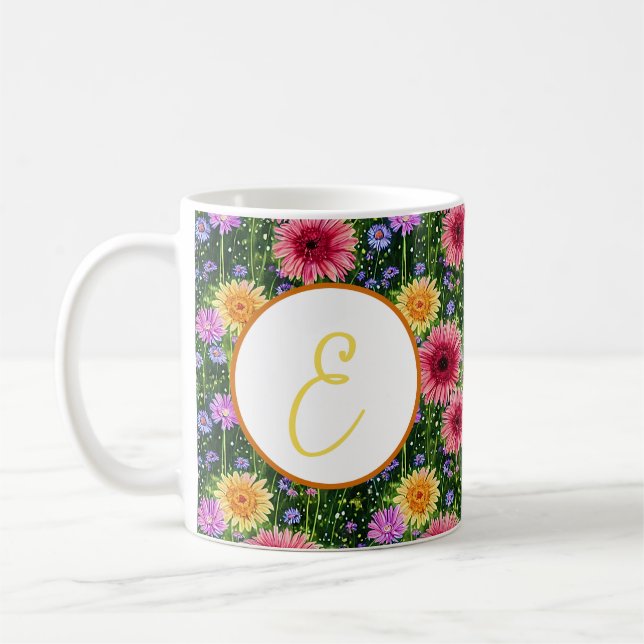 Bright spring floral pattern monogram coffee mug (Left)