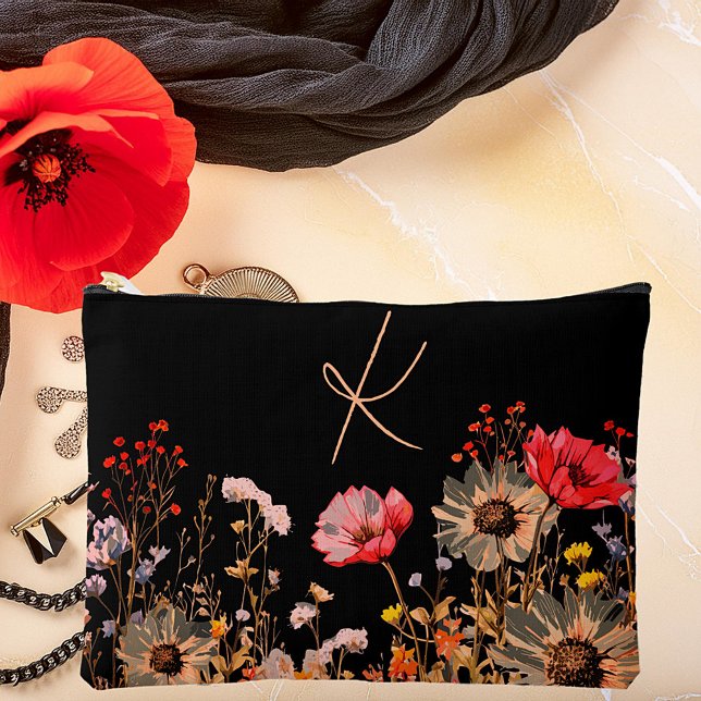 Bright spring flowers on black monogram accessory pouch (Creator Uploaded)