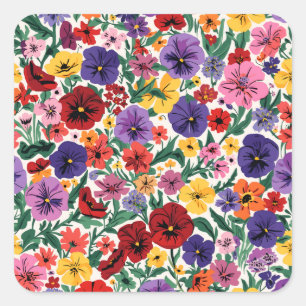 Bright Spring Pansies Floral Garden Pattern Square Sticker