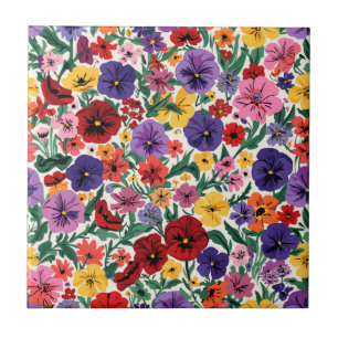 Bright Spring Pansies Floral Garden Pattern Tile