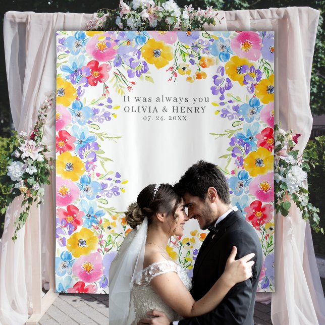 Bright Spring Watercolor Flowers Wedding Backdrop Tapestry (Creator Uploaded)