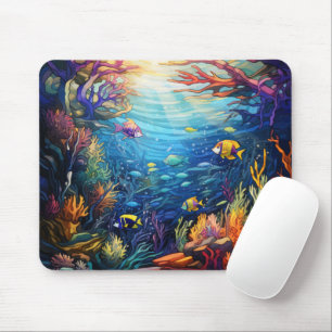 BRIGHT STAINED GLASS LOOK UNDERWATER WITH FISH MOUSE MAT