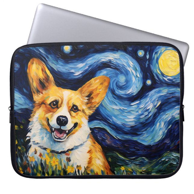 BRIGHT STARRY NIGHT WITH CORGI DOG LAPTOP SLEEVE (Front)