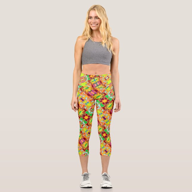 bright stars and flowers repeat pattern vibrant co capri leggings (Front)