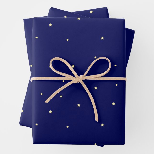 Bright Stars In Midnight Blue Sky Fanciful  Wrapping Paper Sheet (In situ)