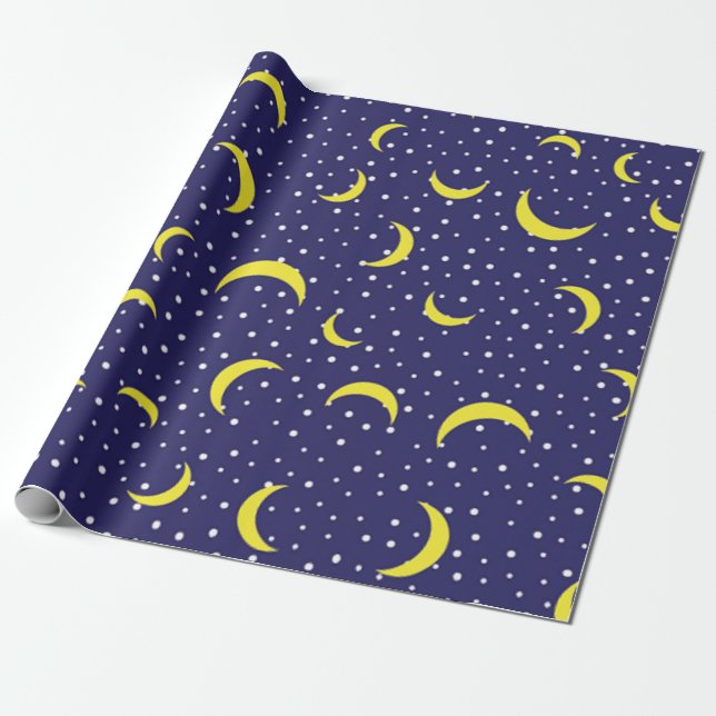 Bright Stars & Yellow Quarter Moon Night Sky Wrapping Paper (Unrolled)