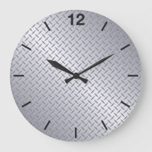 Bright Steel Diamondplate Pattern Large Clock