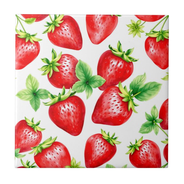 Bright Strawberries in Watercolor on White  Tile (Front)