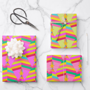 Bright Striped Christmas Trees on Pink and Green Wrapping Paper Sheet