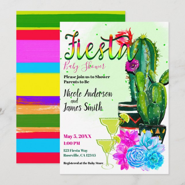Bright Stripes Cactus Succulent FIESTA Baby Shower Invitation (Front/Back)